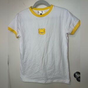 Fujibee white tee shirt with lemon bear logo and trim sz S
